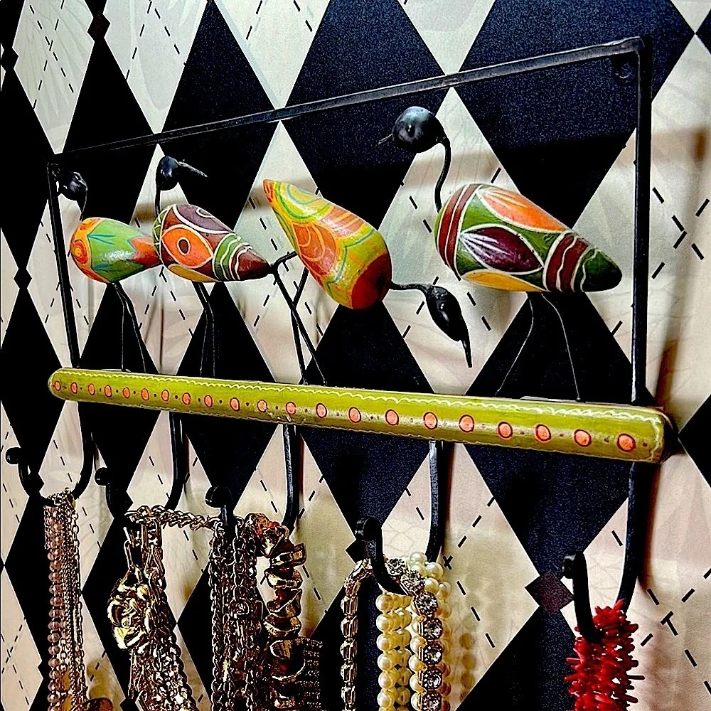 Tribal Folk Art Wall Hook Rack – Hand-Painted Birds – African / Mexican Inspired